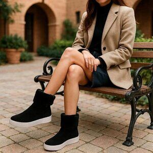 Black Faux Suede Fur Cuffed Wedge Booties size 9